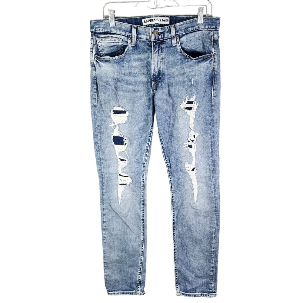 Mens Express Jeans Blue Denim Rocco Slim Fit Skinny Leg Distressed Size 31x32